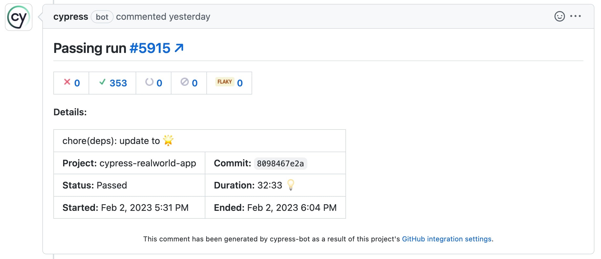 Cypress GitHub App PR