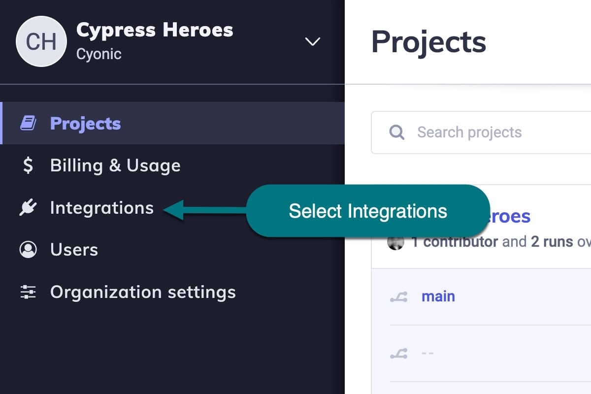 Install Cypress GitHub from Integrations